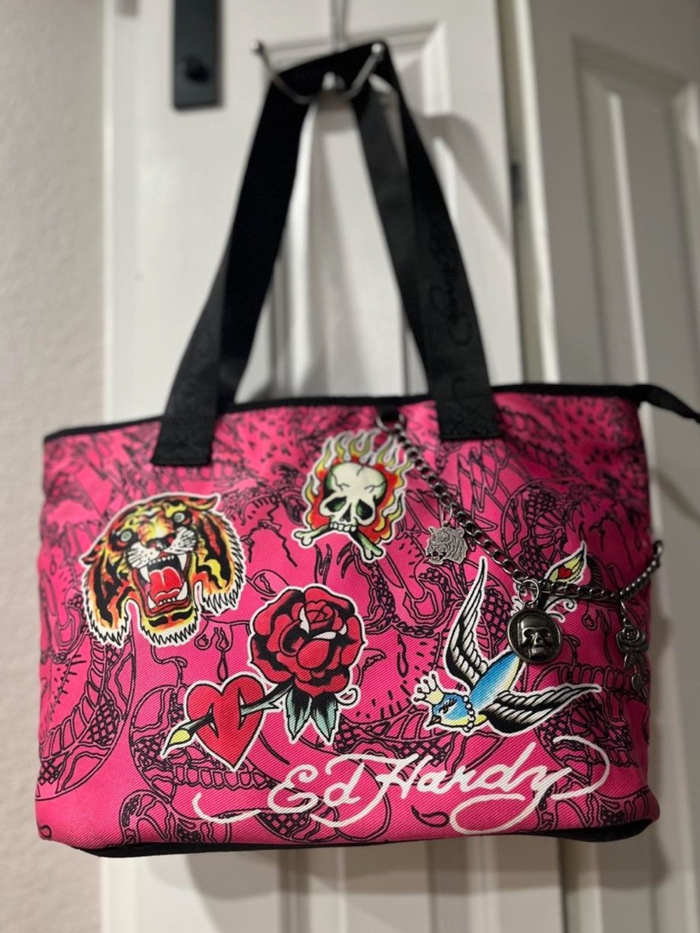 Ed Hardy Hot Pink Tattoo-Graphic Tote with Charms